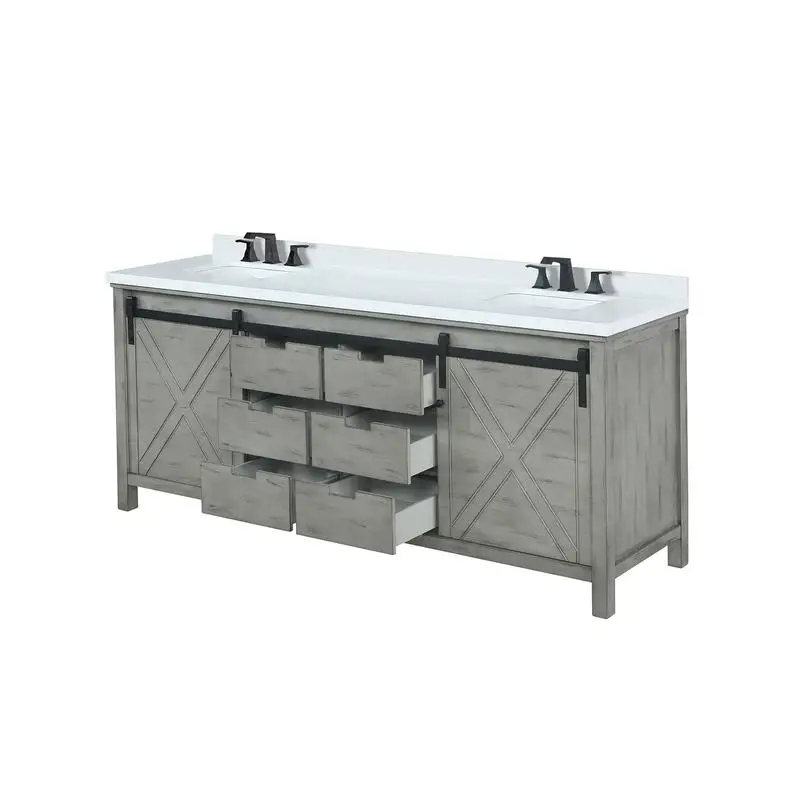 84 in. W Double Bath Vanity with Ash Grey Finish, 22 in. D, White Quartz Countertop & Faucet Set