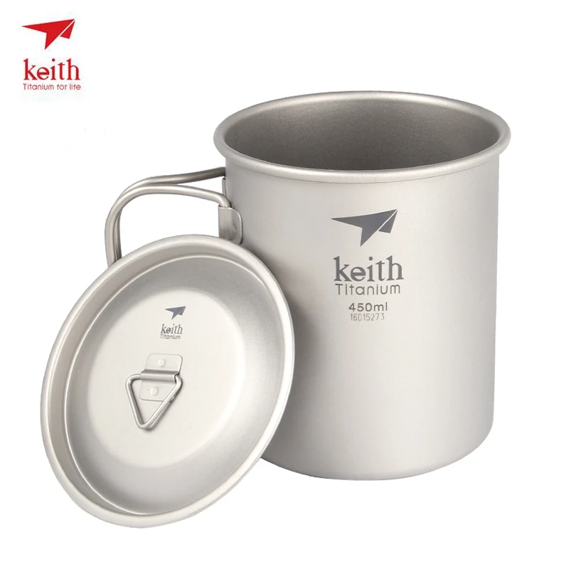 Keith Titanium Cup Titanium Water Mugs Folding Handle Single Wall Cup Outdoor Camping Travel Hiking Cups With Lid 220ml-900ml