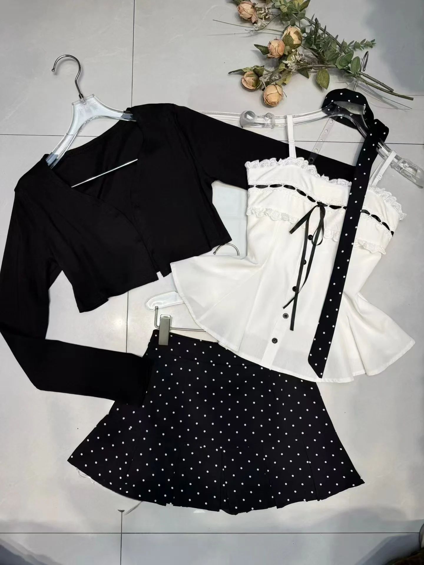 Sweet Lace Bow 2 Piece Set Women Spaghetti Strap Crop Top + High Waist Polka Dot Mini Skirt Slim Fit Party Korean Style Outfit - view 6