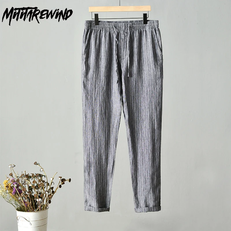 

100% Linen Pants for Men Breathable Summer Daily Causal Striped Pants Drawstring Elastic Waist Pants Harajuku Joggers Baggy Pant