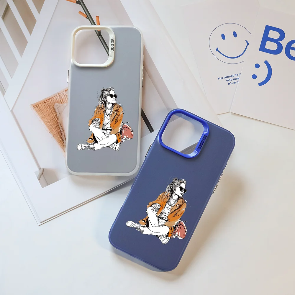 

Drawing of Woman Phone Case For iPhone 16 Pro Max 15 14 13 12 11 Plus Aurora Laser Shockproof Funda Anti Fall Matte Back