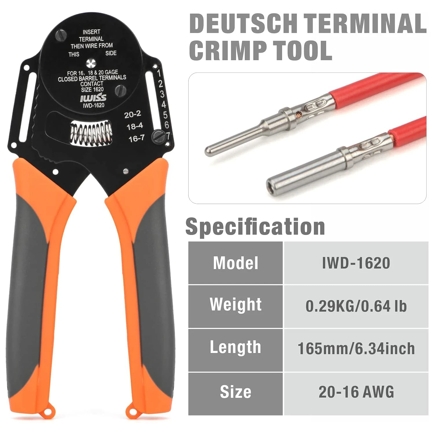 IWD-1620 Deutsch Size Terminals Crimper, Solid Barrel Contact&Circular Connector Contacts Crimping Tool, 8 Indents Wire Crimper