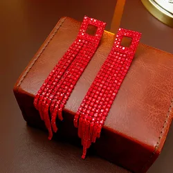 Red Long Tassel Earrings for Women Fashionable and Personalized Drop Earring Light Luxury Wedding Bride Jewelry Wholesale