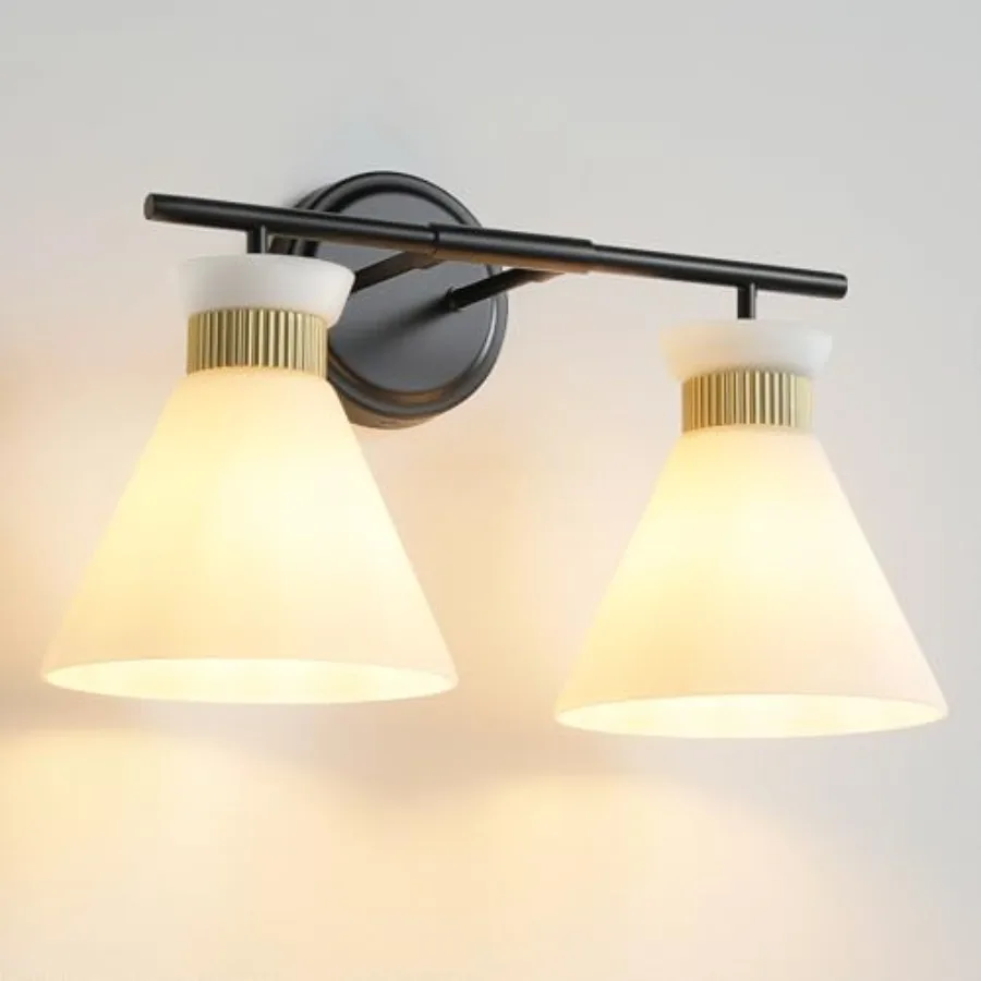 

Bathroom Vanity Light Fixtures: 2-Lights Mid Century Modern Vanity Lights for Bathroom Black and Gold Wall Sconce Lighting with