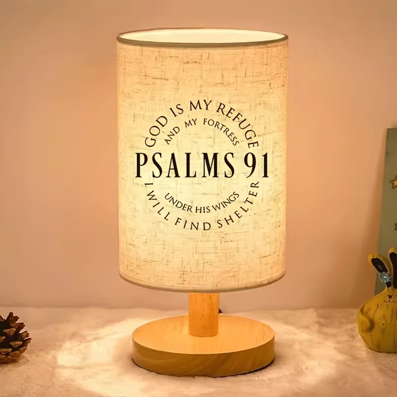 Simple Letter Print Linen Fabric Bedside Table Lamp, Wood Stand Soft Ambient Light For Home