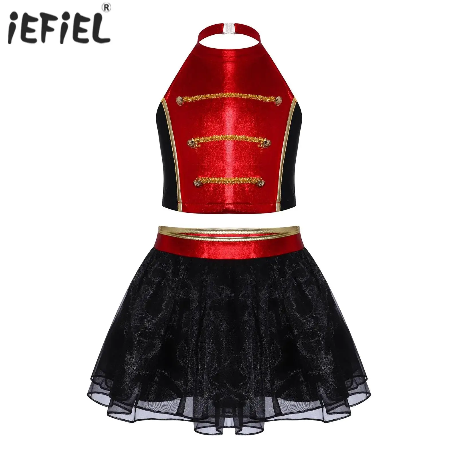 

Kids Girls Circus Ringmaster Costume Halloween Cosplay Sets Color Block Patchwork Halter Chest Buttons Gold Top with Puffy Skirt