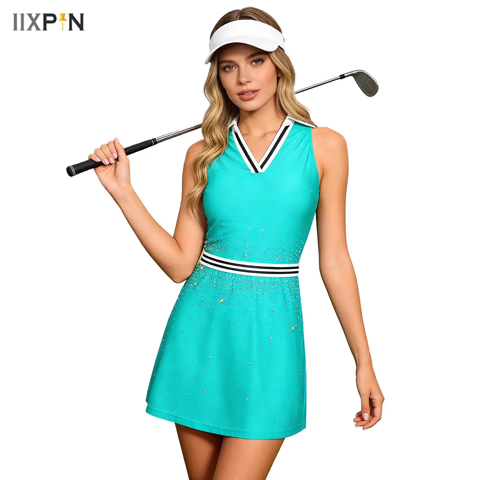 

Women Tennis Golf Dress Shiny Rhinestones Elastic Striped Waist Turn-Down Collar V-Neck Sleeveless Sports Workout Athletic Dress