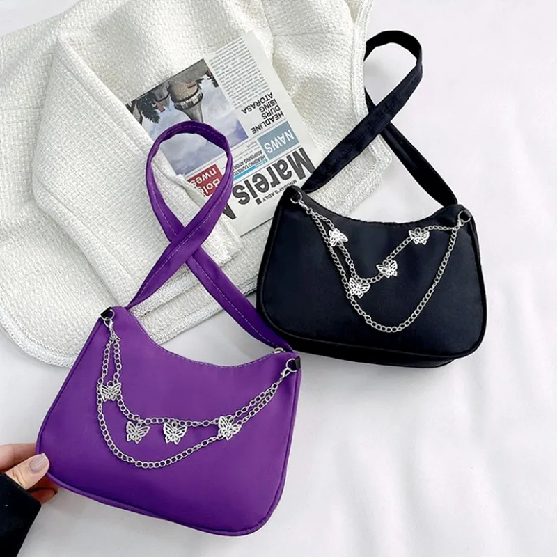 Fashion Women PU Leather Small Shoulder Underarm Totes Bag Ladies Vintage Butterfly Chain Pure Color Zipper Mini Purse Handbag