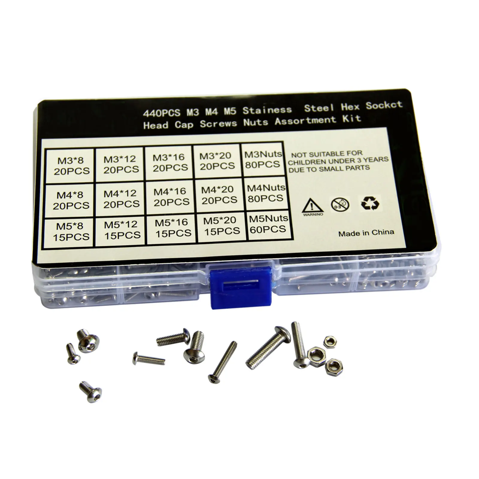 

440pcs Socket Head Screws Nuts Kit Stainless Steel Water proof Anti rust M5 Sizes Construction Fasteners Hardware