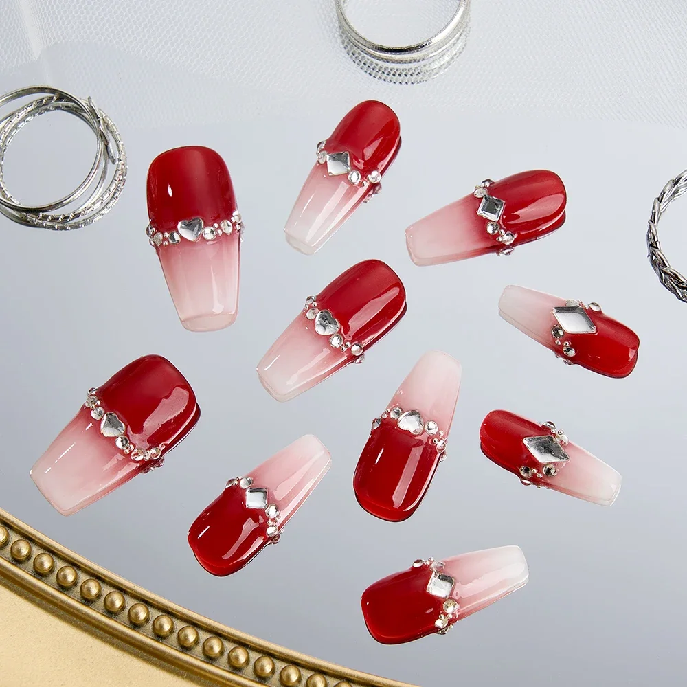 10 Uds. De uñas postizas hechas a mano con punta francesa Borgoña, diseño de uñas postizas con detalles de diamante para mujeres y niñas, uso diario para fiestas