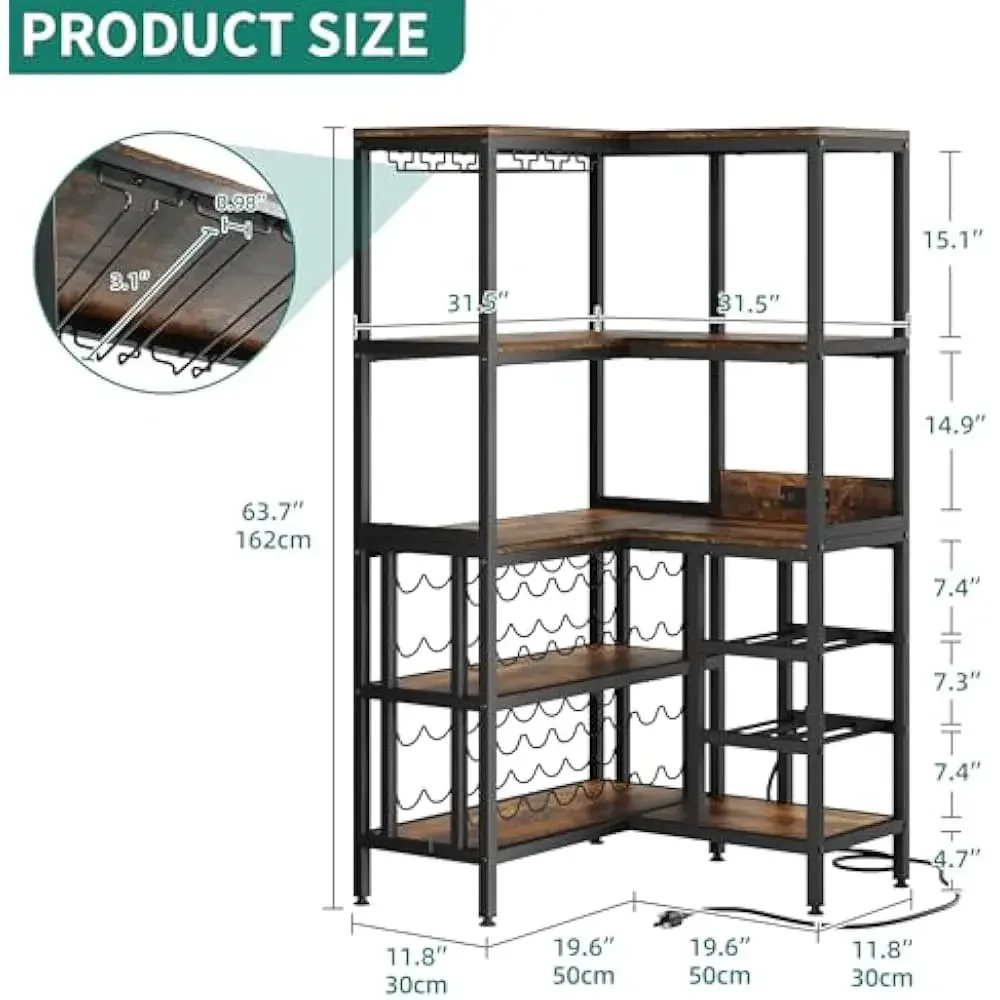 Rack de vinho de canto grande de 63 '', armário de barra de canto com tomada de energia e luz LED, armários de licor em forma de L de 5 camadas com suporte de vidro