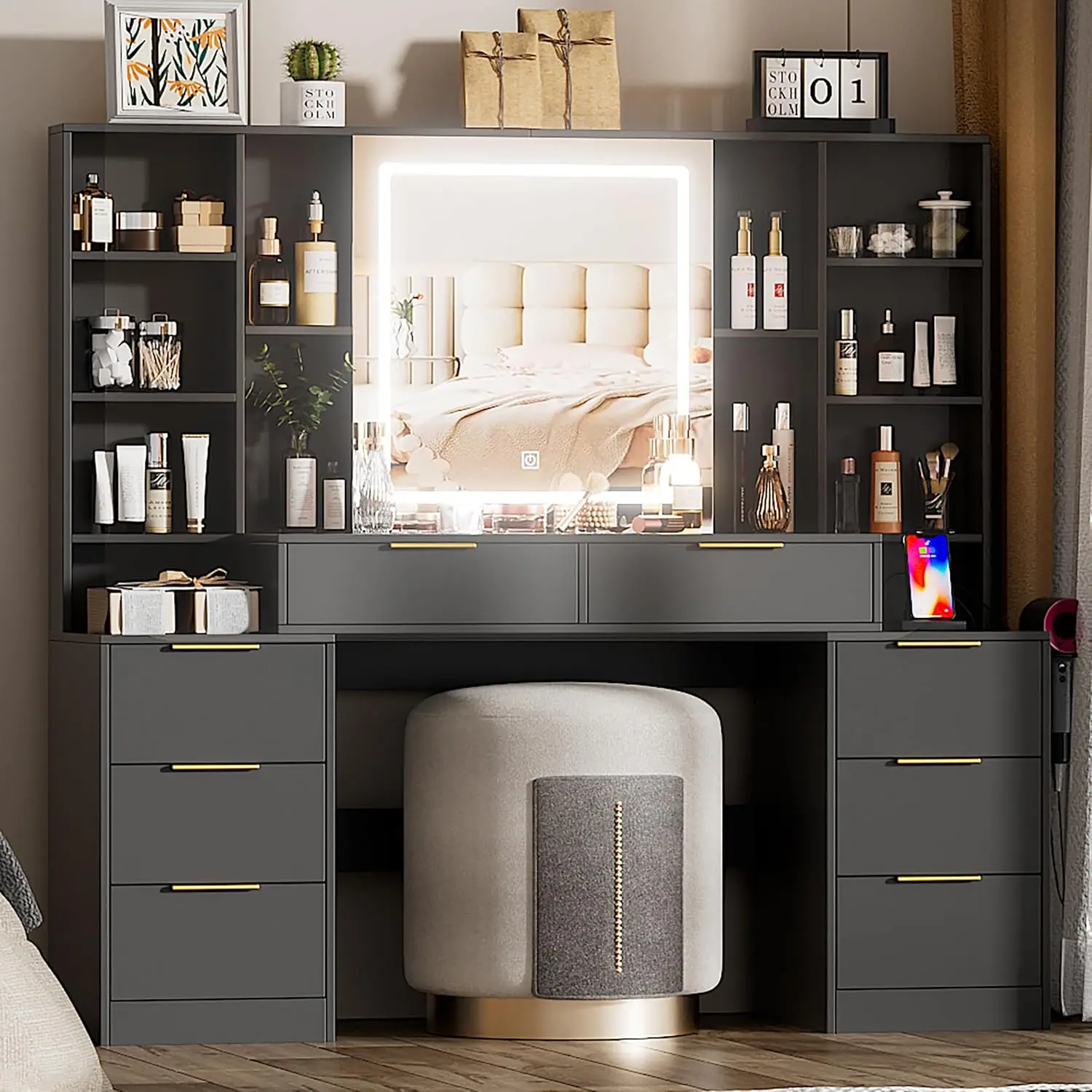 

Large Makeup Vanity Desk with Lighted Mirror & Power Outlet,Dresser Table with 3 Lighting Modes