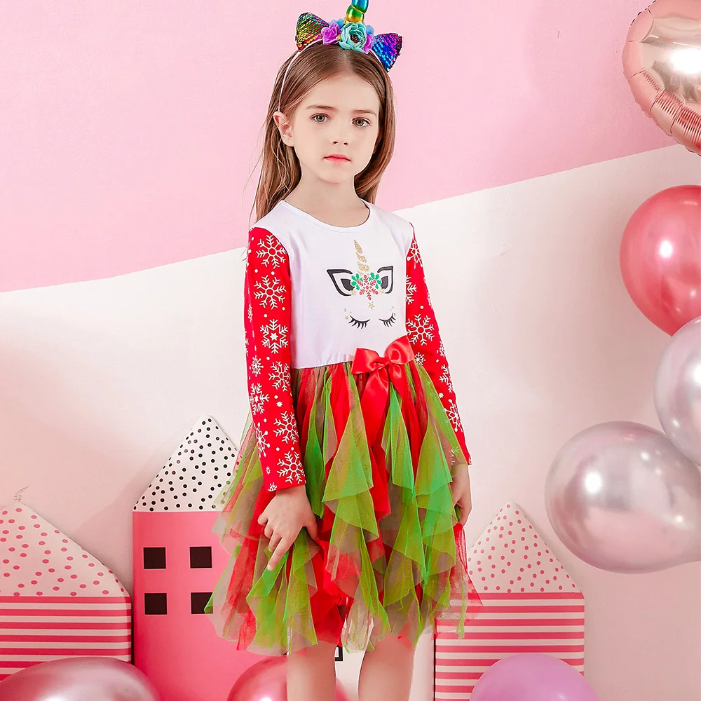 VIKITA Girls New Year Christmas Dress Kids Green Red Snowflakes Bow Knot Dresses Girls Irregular Mesh Tulle Tutu Princess Dress