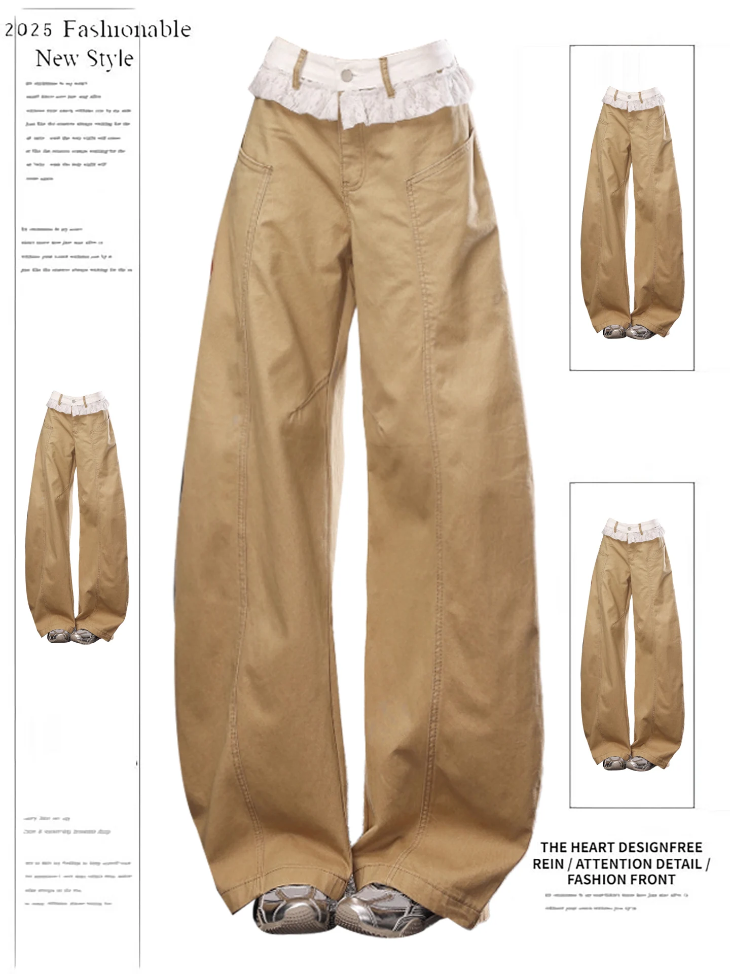 

Khaki Lace Splicing Jeans Women's High Waist Loose Wide Leg Knife Pants Long Trousers Casual Wear Autumn New Design