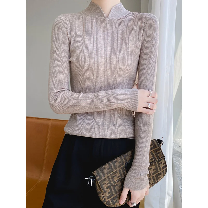 Women's spring Sweater Solid Color Breathable Comfortable And Soft Pullover French Slim Fit 100% Imitation Wool Knitted Top