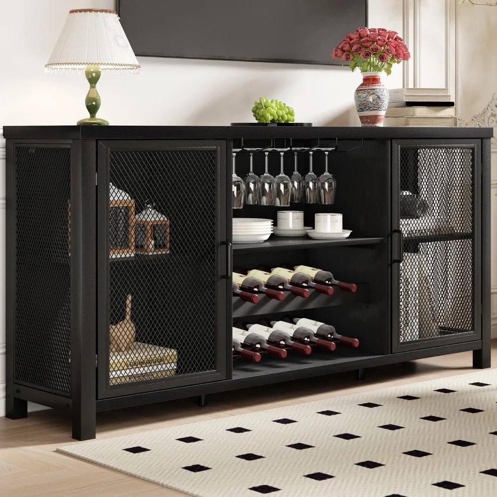 Armário de bar de vinho preto Launica, armário de bar de café com armazenamento, armários de buffet de cozinha de fazenda com rack para café de licor