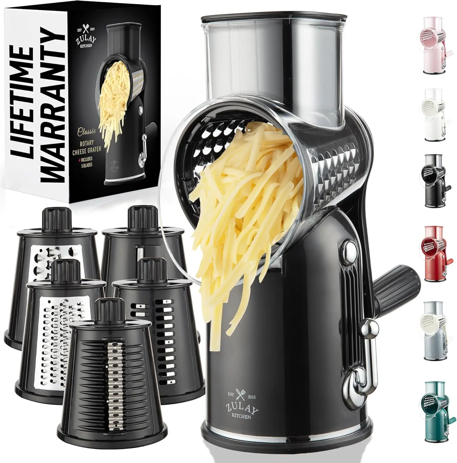 

5-Blade Rotary Cheese Grater with Suction Base, Interchangeable Drums for Easy Slicing and Shredding