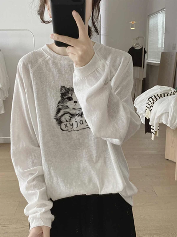 Damska luźna bluzka z okrągłym dekoltem, długa, cienka, z białego lnu, z motywem kreskówkowym, idealna jako baza pod ubranie.