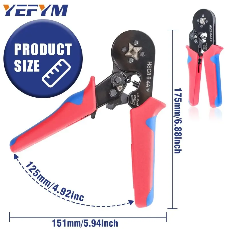 End-Sleeves Ferrule Crimping Tools HSC8 6-4A Self-Adjustable AWG23-7/0.25-10mm2 Square Ratcheting Wire Crimping Plier