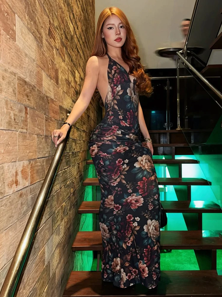 Weird Puss Sexy Rückenfreies Langes Kleid für Damen mit Blumenmuster, Schnürung, Neckholder, Tiefer Ausschnitt, Ärmellos, Mitternachts-Abendkleid, Elegantes Vestido – Detail 14