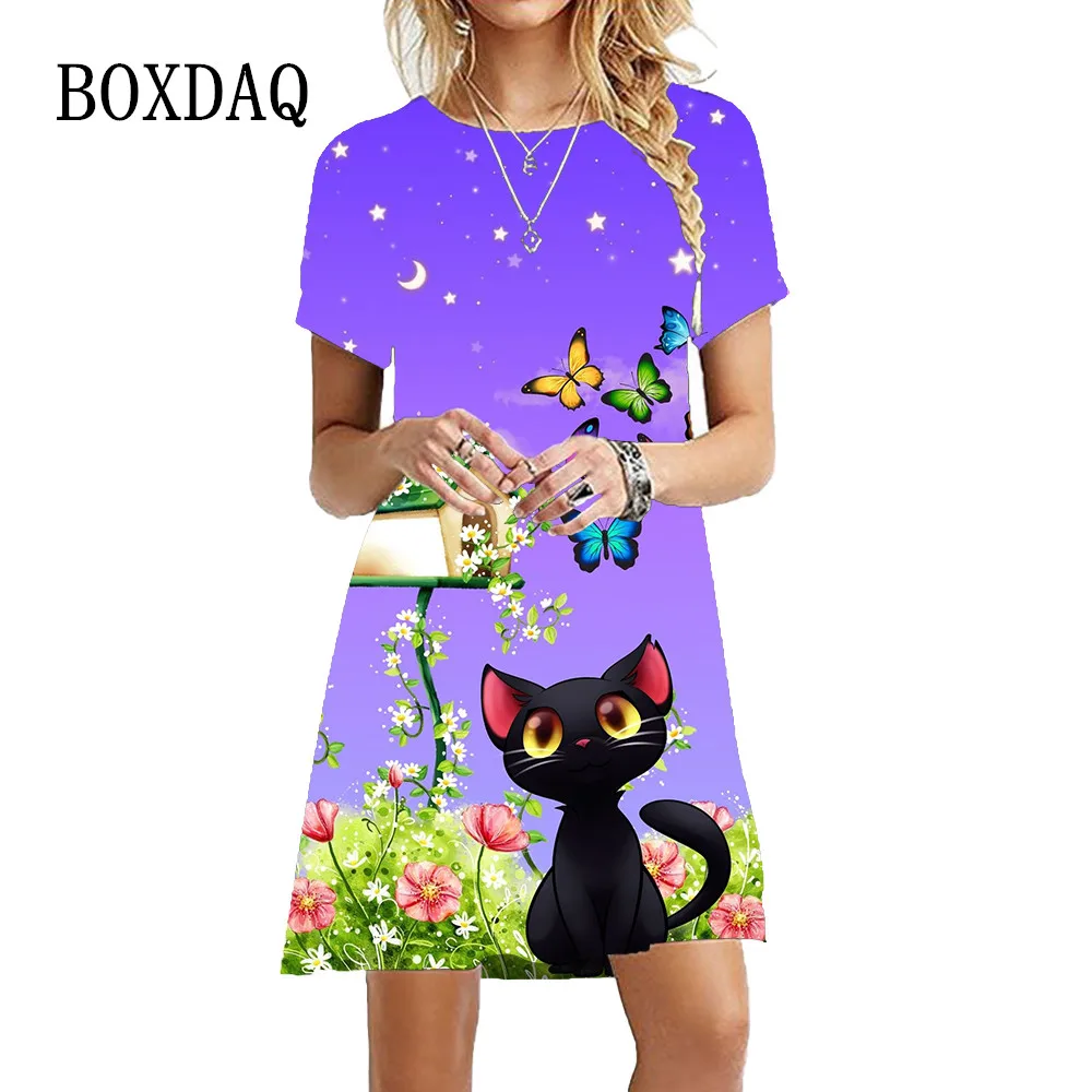 New Butterfly 3D Cartoon Funny Cat Women Dress Sweet Casual Short Sleeve O-Neck A-Line Dress Summer 2023 Fashion Kawaii Clothing