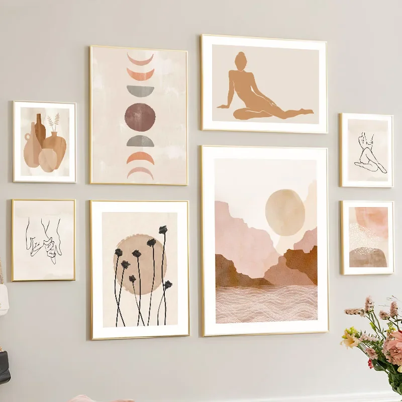 Boho Mountain River Moon Vase Flowers Wall Art Canvas Painting Abstract Beige Posters And Prints Pictures For Living Room Dec