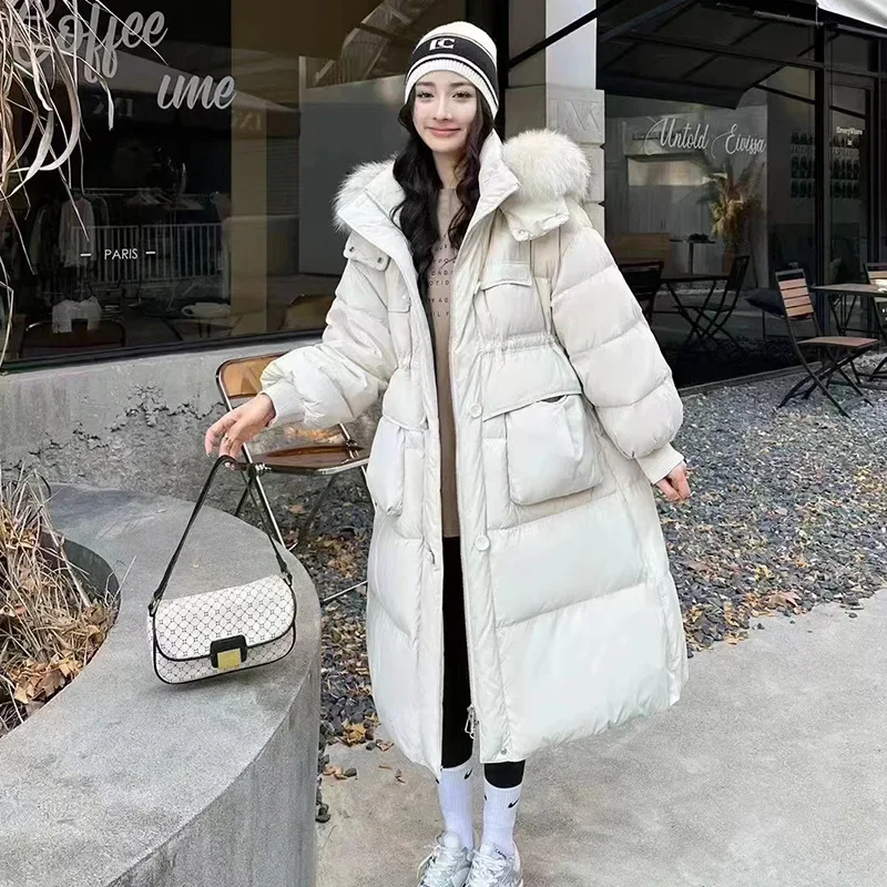 

Women's Winter Coats 2024 New Raccoon Fur Collar 90%white Duck Down Long Down Coats Thickened Warm Waist Thin Hooded Parkas