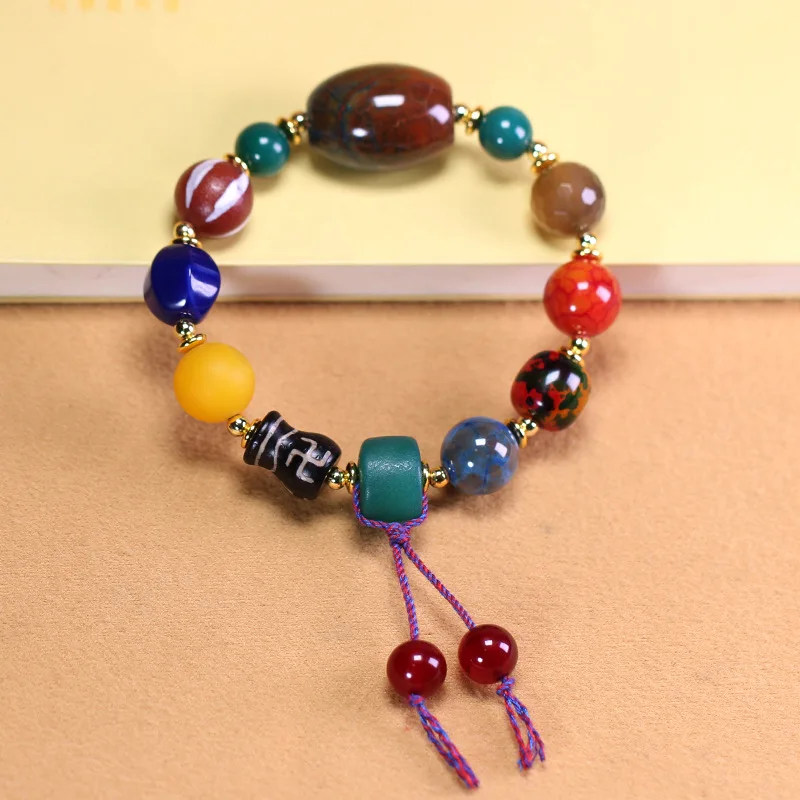 Natural Tibetan Genuine Old Mine Raw Stone Dragon Pattern Agate and Om Mani Bead Multi-Treasure Bracelet, approximately 20x27mm