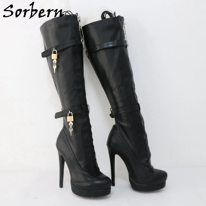 Sorbern Black Fetish Lockable Zipper Boots Women Knee High Double Straps With Locks Visible Platform High Heel Stilettos