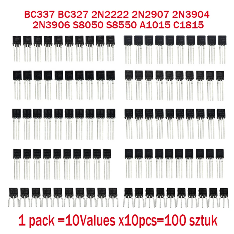 100 STÜCKE Transistoren set Pack BC337 BC327 2N2222 2N2907 2N3904 2N3906 S8050 S8550 A1015 C1815 ZU-92 10 Werte x10 stücke Transistor kit