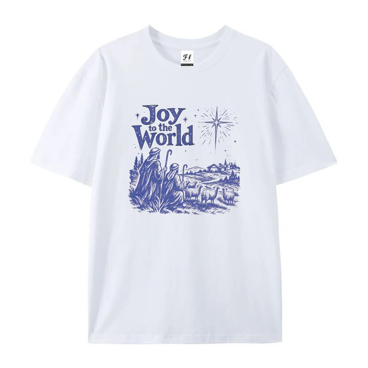 Unisex Christmas Short Sleeve T Shirt Joy To The World Shepherd Sheep Star Print Tees Vintage Soft Cotton Tops Nice Gift for Men