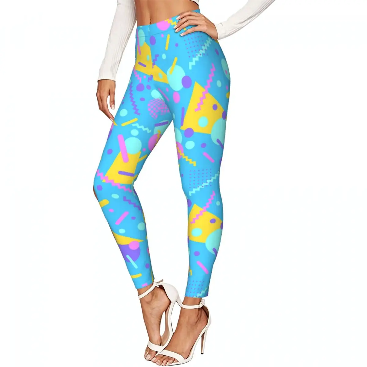 Geometric 80s Memphis Colorful Women Leggings High Waisted Stretch Tights Workout Running Pants