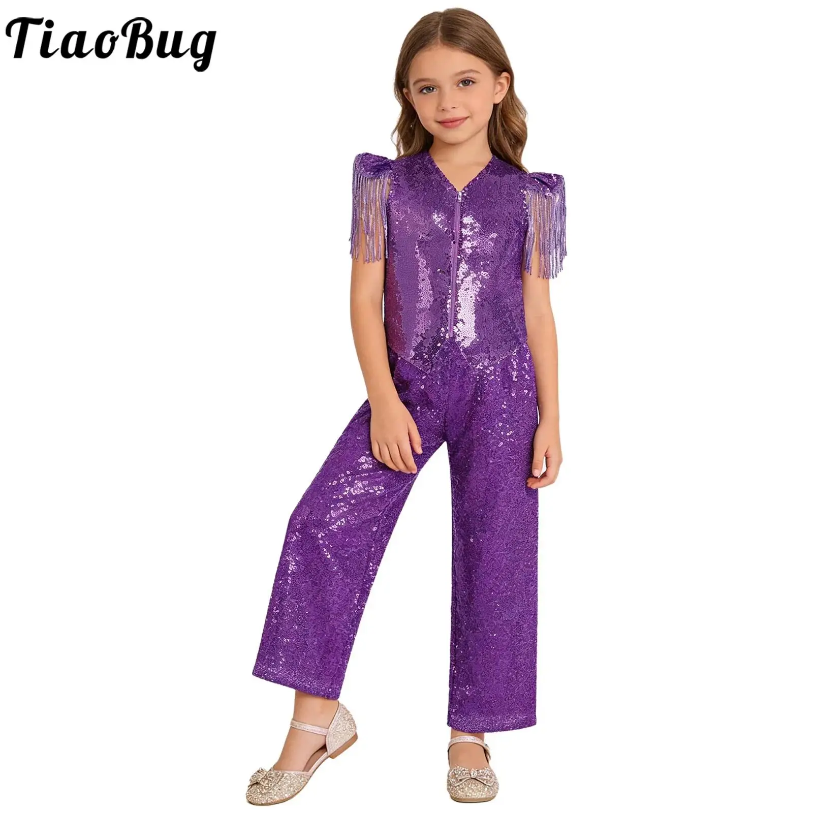 Kids Girls Metallic Shiny Disco Hip Hop Jazz Dance Performance Costume Tassels Cap Sleeves Sparkly Sequin Vest Jacket with Pants