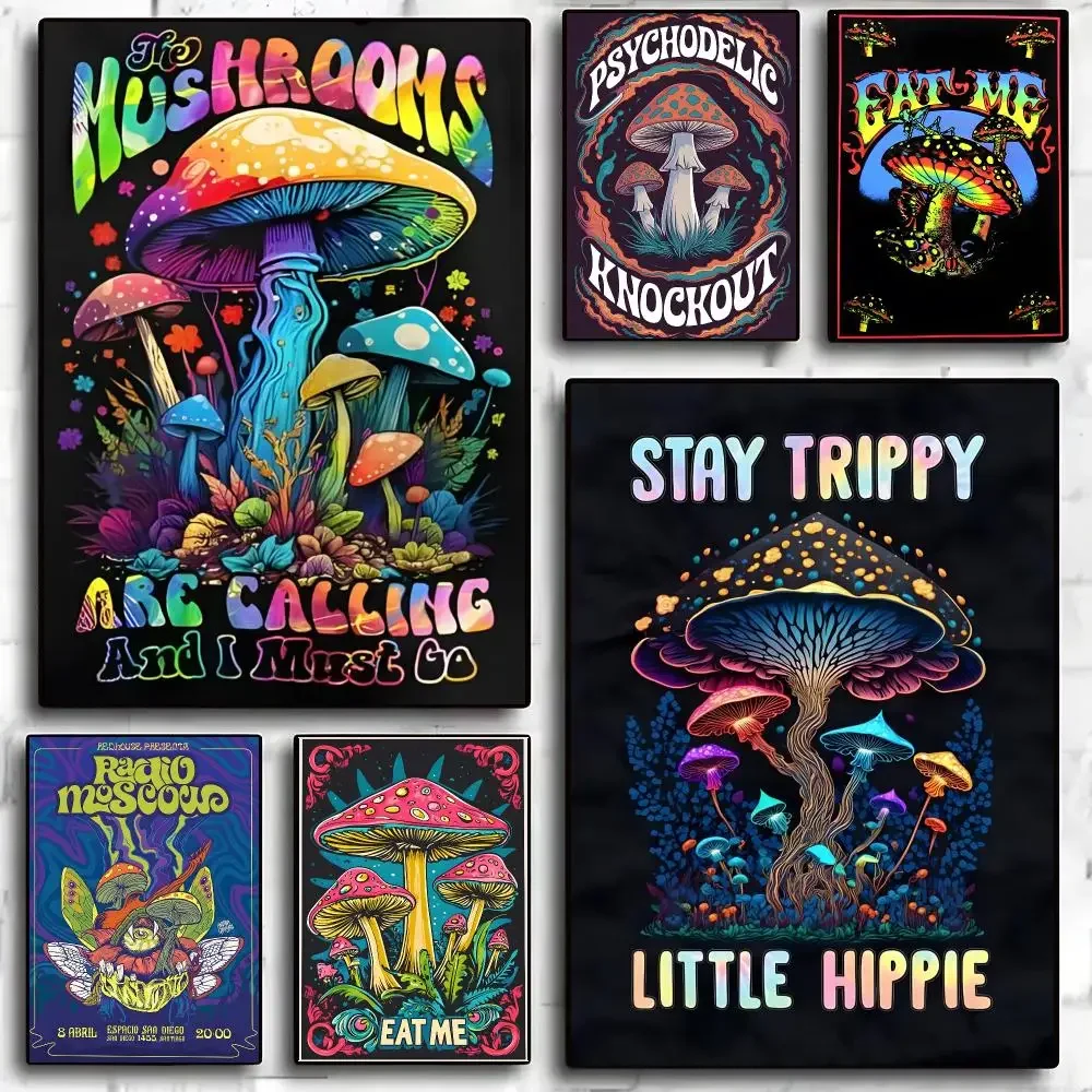 Art 80S Trippy Psychedelic Mushroom Whitepaper Poster Self-adhesive Living Room Bedroom Party Bar Decor Moisture-proof
