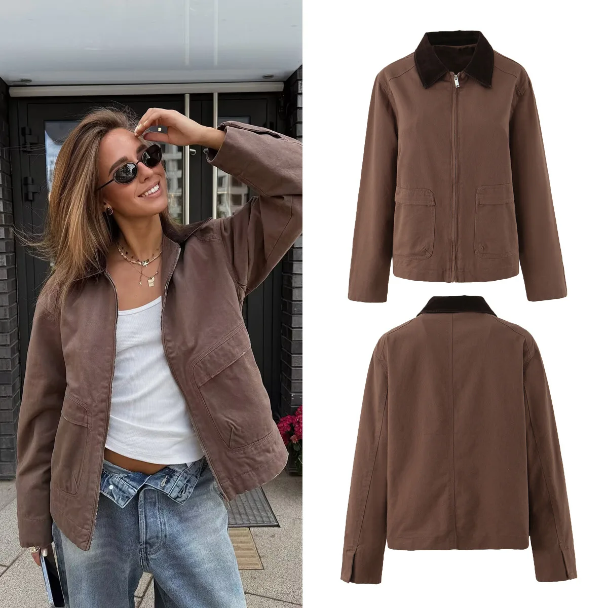 

Vintage Autumn Women Contrast Color Bomber Jacket Lapel Safari Coat Pocket Open Zipper Long Sleeve Cotton Jacket Loose Outerwear