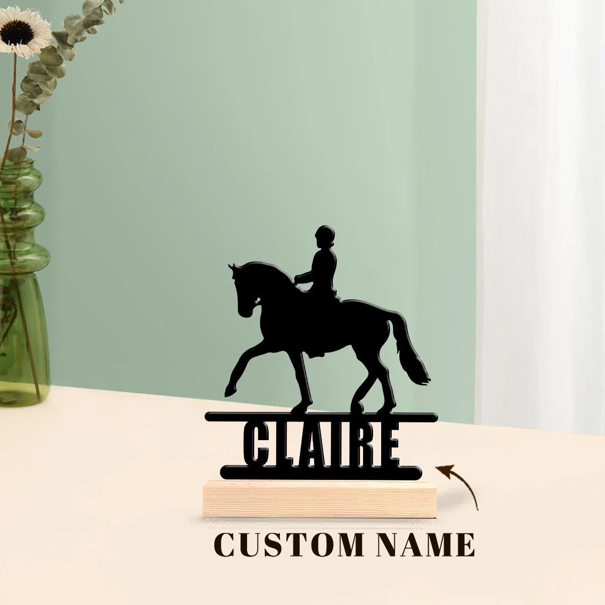 1Pc Custom Ridding Horse Wooden Base Metal Ornament,Home Room Desktop Decor,Valentine Wedding Birthday Gift for Family Friends - view 4