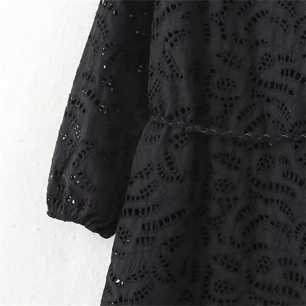 2024 New Women's High quality Fashion Long sleeve V-neck Loose Little black dress Hollow out Embroidery Midi Dress