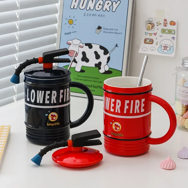 1pc 16oz Fire Extinguisher Style Coffee Mug with Lid and Spoon Fun Ceramic Mug Creative Styling Quirky Coffee Cup Drinkware Gift