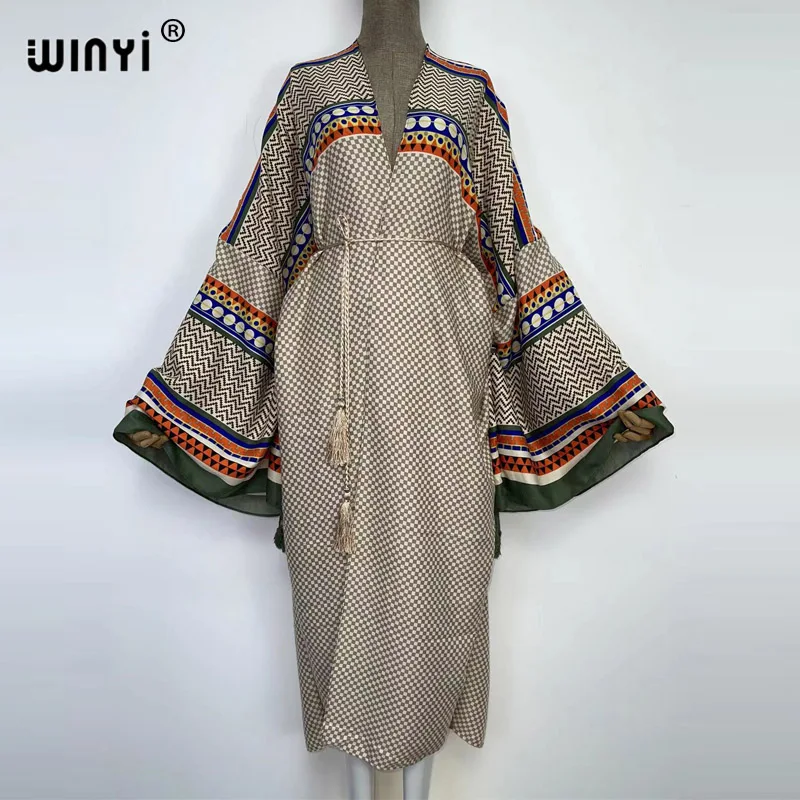 2022 WINYI okrycie plażowe w górę słodka dama różowy kardigan w stylu boho bikini kostium kąpielowy sexy Boho Maxi wakacje z długim rękawem KIMONO