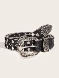 Women Sequin & Rhinestone Decor Geometric Buckle Fashion Belt For Dress Decoration