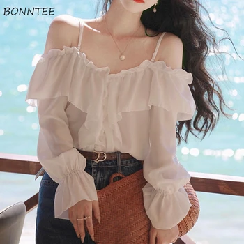 여성용 프릴 오프 숄더 블라우스, 심플 루즈 캐주얼 상의, 긴 플레어 소매, 올 매치 패션, 햇빛 차단, 새로운 디자인 2024, 여름