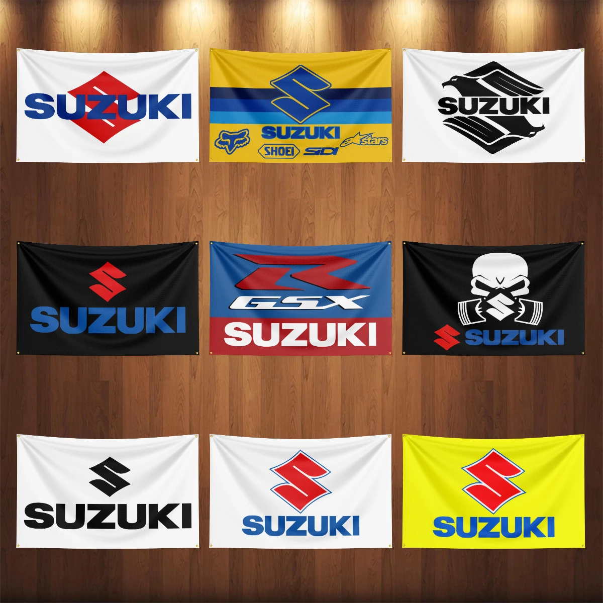 Bandera de Suzukis para motocicletas de carreras, cartel de impresión Digital de poliéster, arte de garaje, decoración de puerta exterior con ojales de latón, 3x5 pies