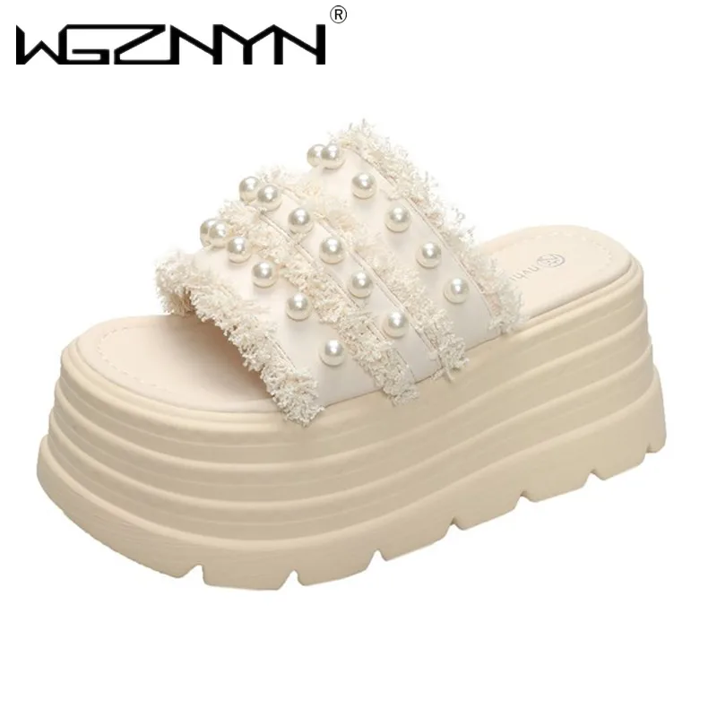 

Сандалии на танкетке со стразами на каблуке 8 см, женские повседневные уличные тапочки, женские летние пляжные тапочки, прогулочная обувь на массивном каблуке