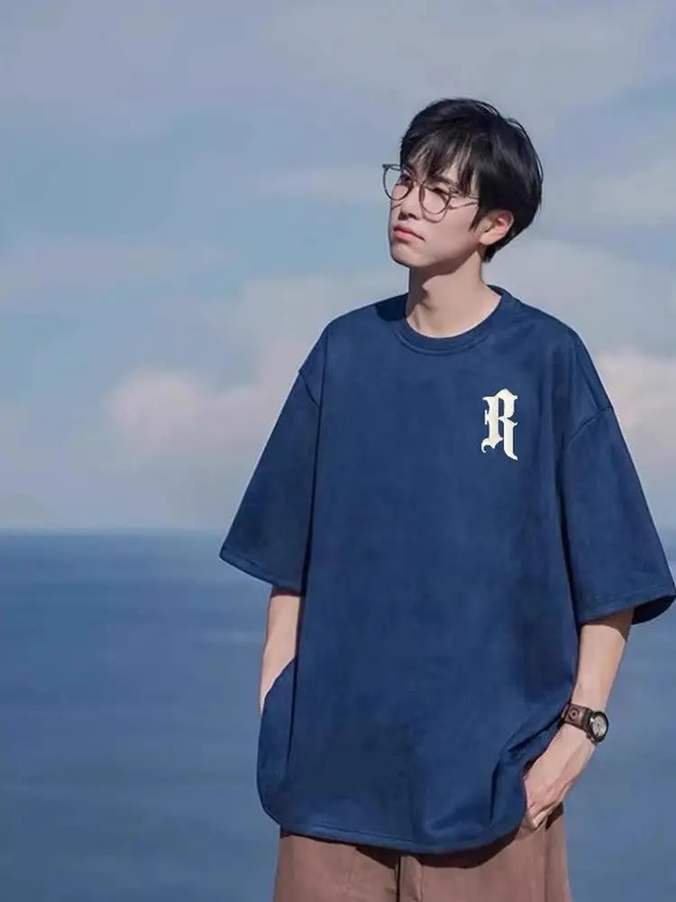Premium Suede Texture T-irt Youth Faion Summer Breathable ort Sve round Ne Print Design Only Available in Royal Blue