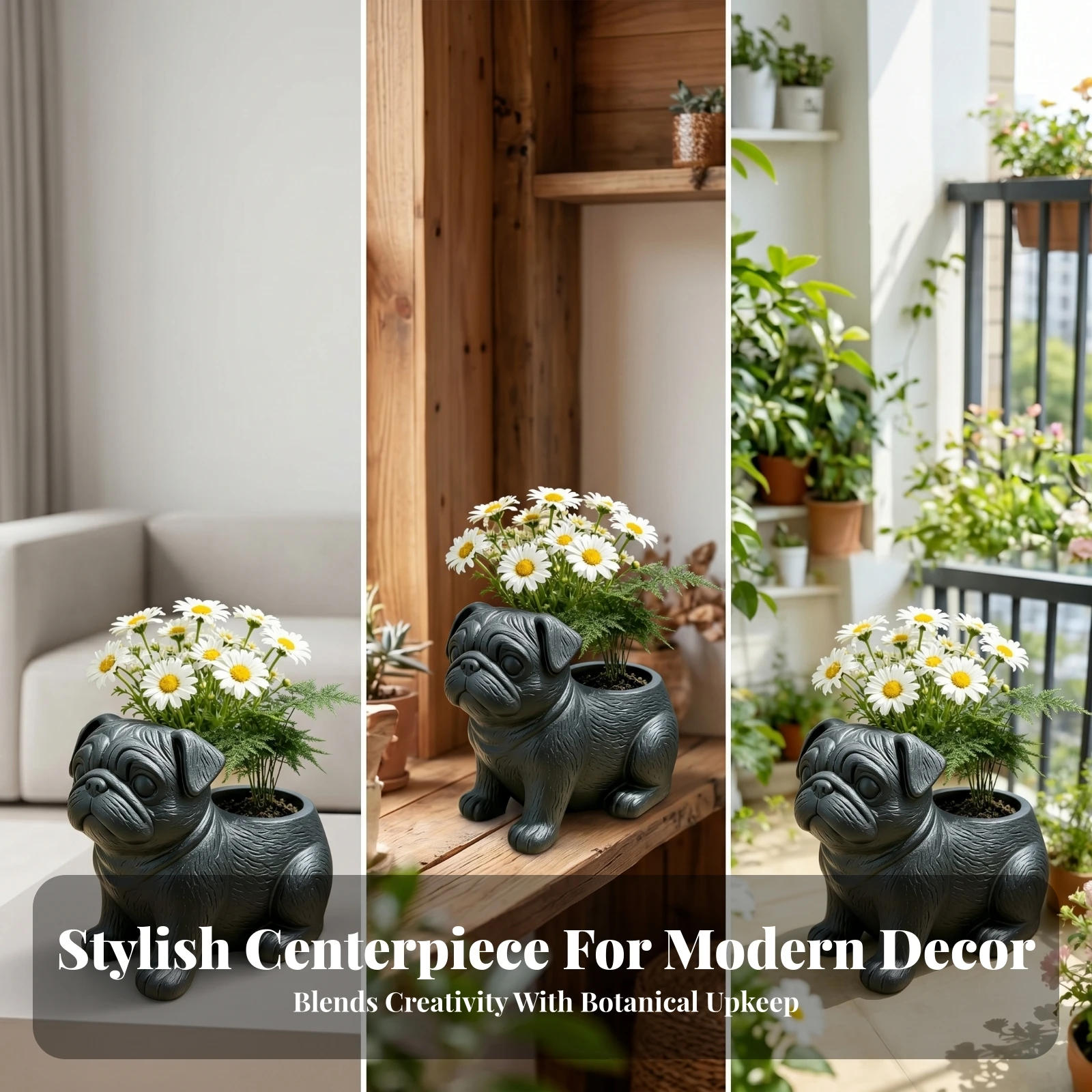 Black Pug Planter Sculpted Pug Planter Home Decor Textured Decorative