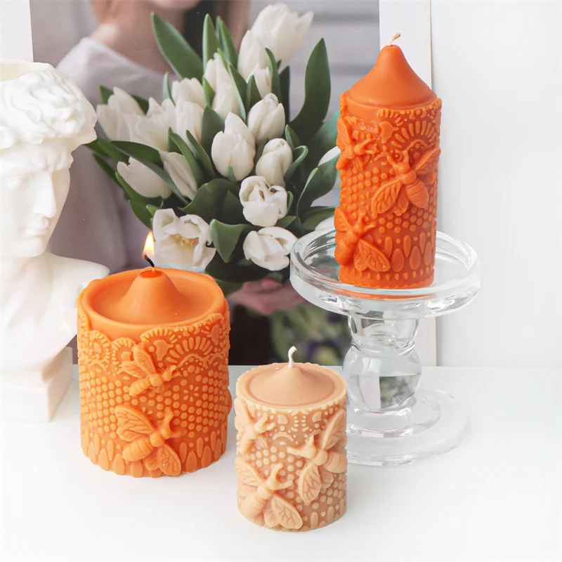 3D Relief Bienen-Zylinder Silikon-Kerzenform Waben-Säule DIY Aromatherapie-Kerzenherstellungswerkzeug Handgemachtes Geschenk Deko Gips