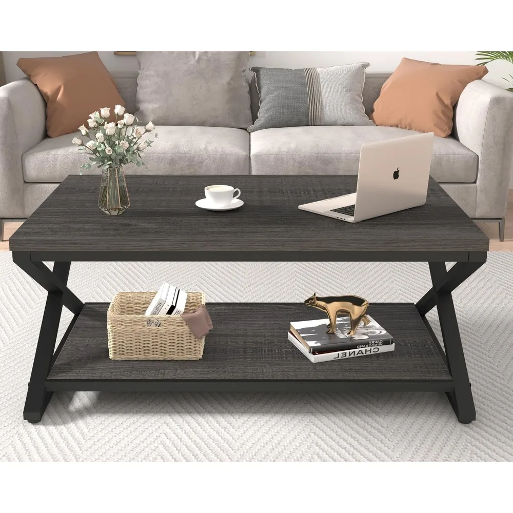 Coffee Table Modern Center Table for Living Room with Display Shelf, Simple Metal Wooden Rectangle Cocktail Tea Café Table