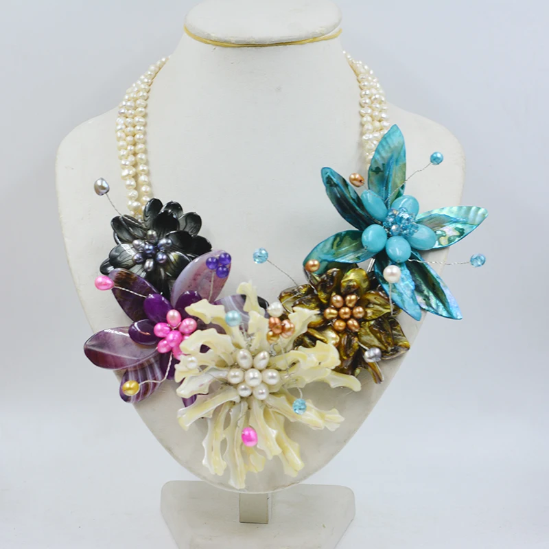 

unique. Natural semi-precious stones and natural shell woven flower necklace. Fashion Women's Party Jewelry 20"