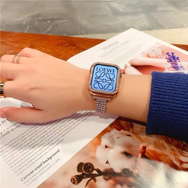 Correa de diamante de lujo para apple watch, pulsera de acero para iWatch serie 7, 6, SE, 5, 4, 42mm, 38mm, 40mm, 44mm, 41mm, 45mm