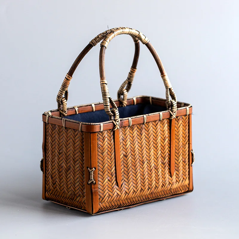 Japanese-style Bamboo Woven Storage Bags Handmade Retro Basket Chinese Style Teacup Teapot Bags Travel Outdoor Tea Cozies LA458